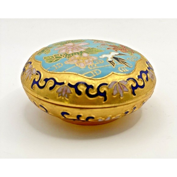 Vintage Cloisonné Gold Bird Floral Flowers Lidded Trinket Box Dish Used - Picture 5 of 12